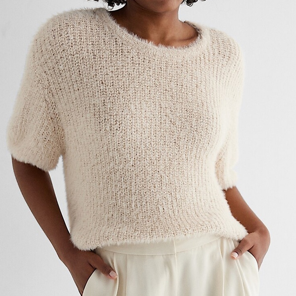 Express faux fir sequin crew neck short puff sleeve sweater